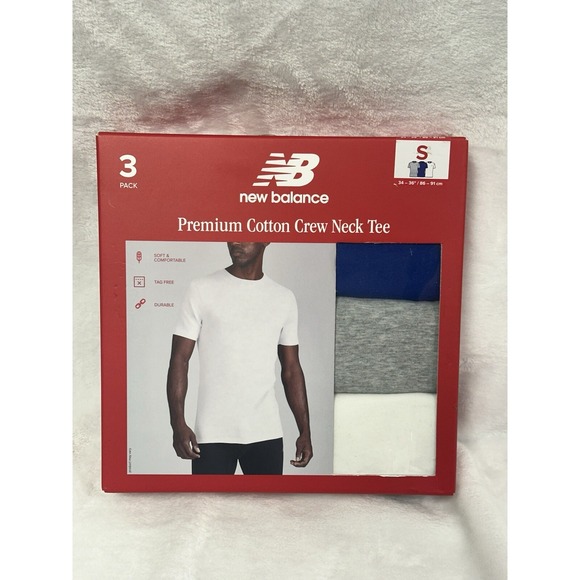 New Balance Men's Small 3 Pack Premium Cotton Crew Neck Tee Shirt Blue/Gray/Wht - Picture 1 of 4